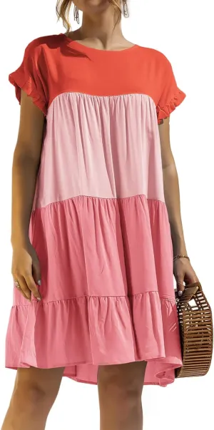 futurino Women's Colorblock Short Sleeve Loose Tiered Ruffle Smock Mini Dress