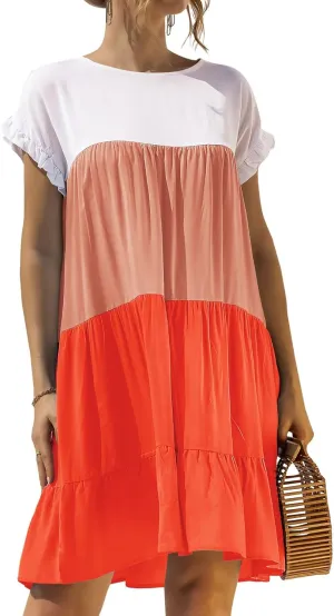 futurino Women's Colorblock Short Sleeve Loose Tiered Ruffle Smock Mini Dress