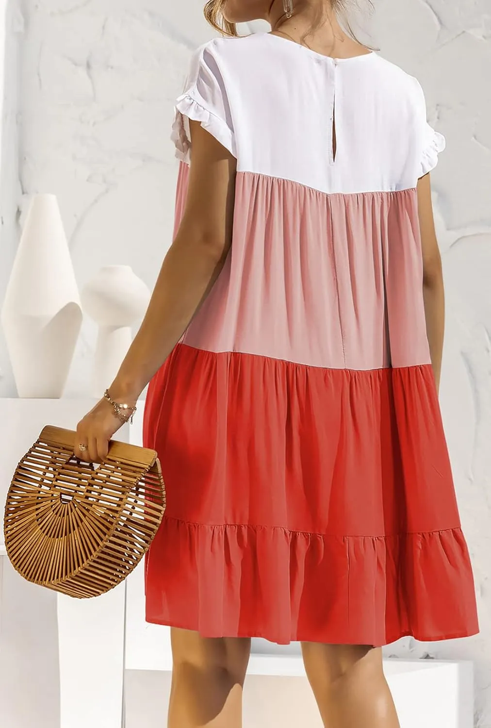 futurino Women's Colorblock Short Sleeve Loose Tiered Ruffle Smock Mini Dress