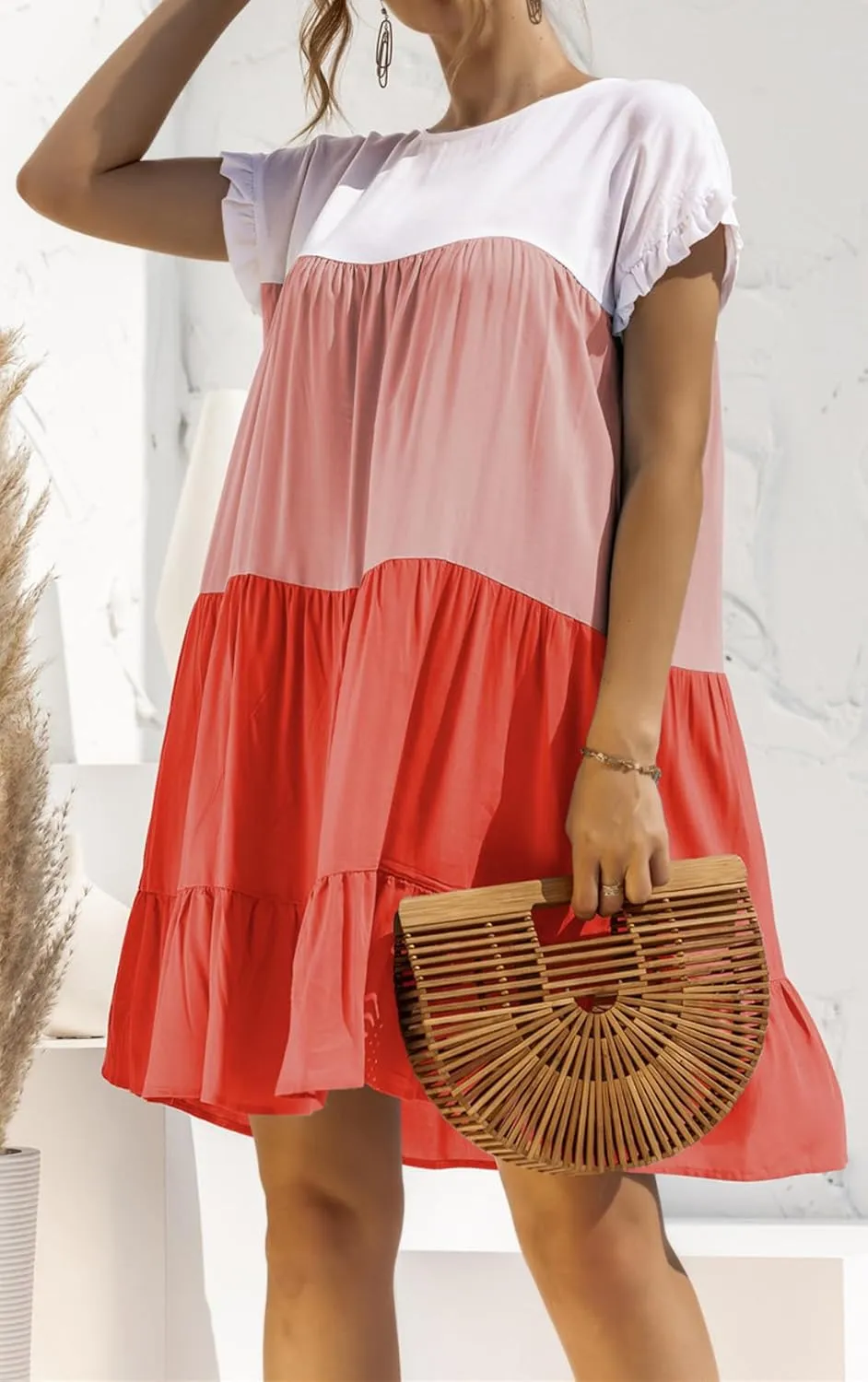 futurino Women's Colorblock Short Sleeve Loose Tiered Ruffle Smock Mini Dress