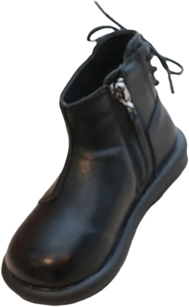 Girls Leather Ankle Boots Waterproof Side Zipper Slip On Boots Round Toe Soft Sole Flat Boots Casual Shoes