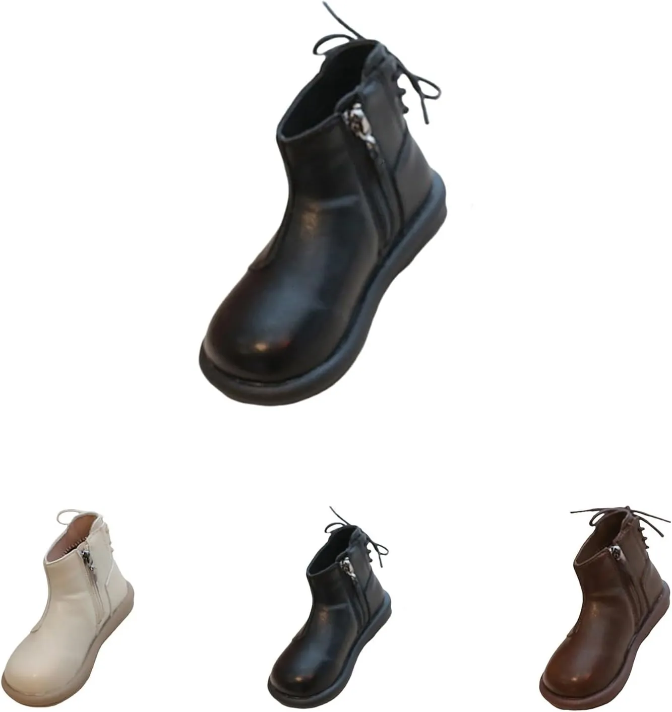 Girls Leather Ankle Boots Waterproof Side Zipper Slip On Boots Round Toe Soft Sole Flat Boots Casual Shoes