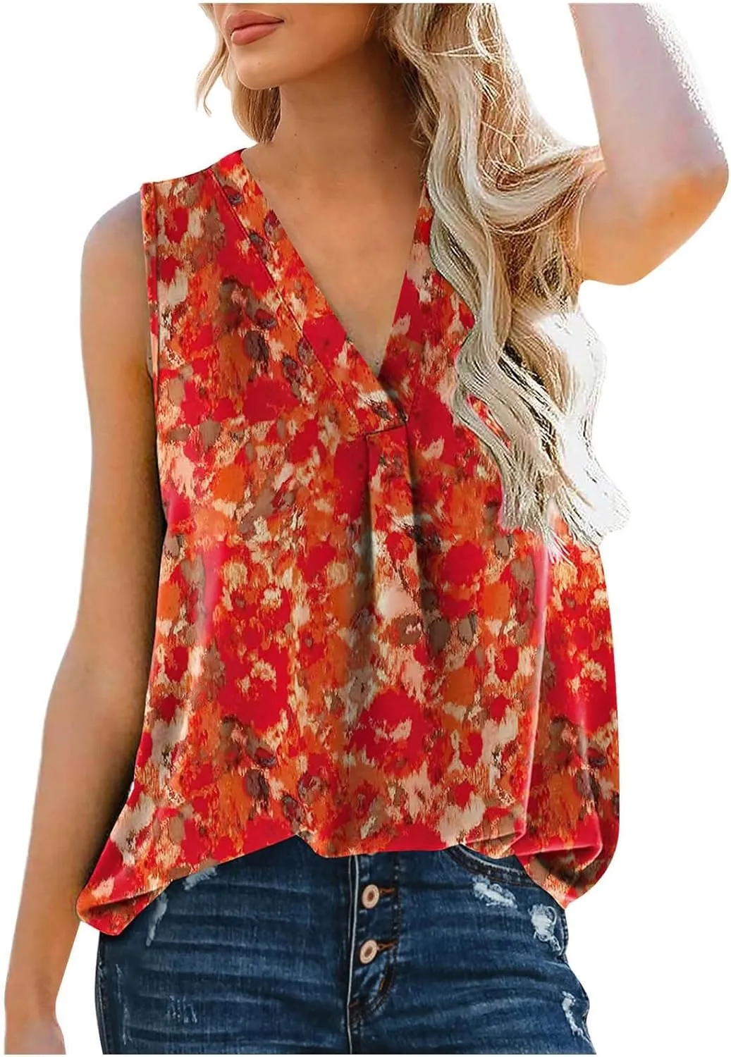 GOKKILRW Womens Tank Tops Casual Boho V Neck Loose Fit Flowy T Shirts Sleeveless Floral Print Vacation Beach Tunic Tops 2024