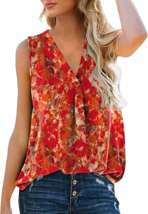 GOKKILRW Womens Tank Tops Casual Boho V Neck Loose Fit Flowy T Shirts Sleeveless Floral Print Vacation Beach Tunic Tops 2024