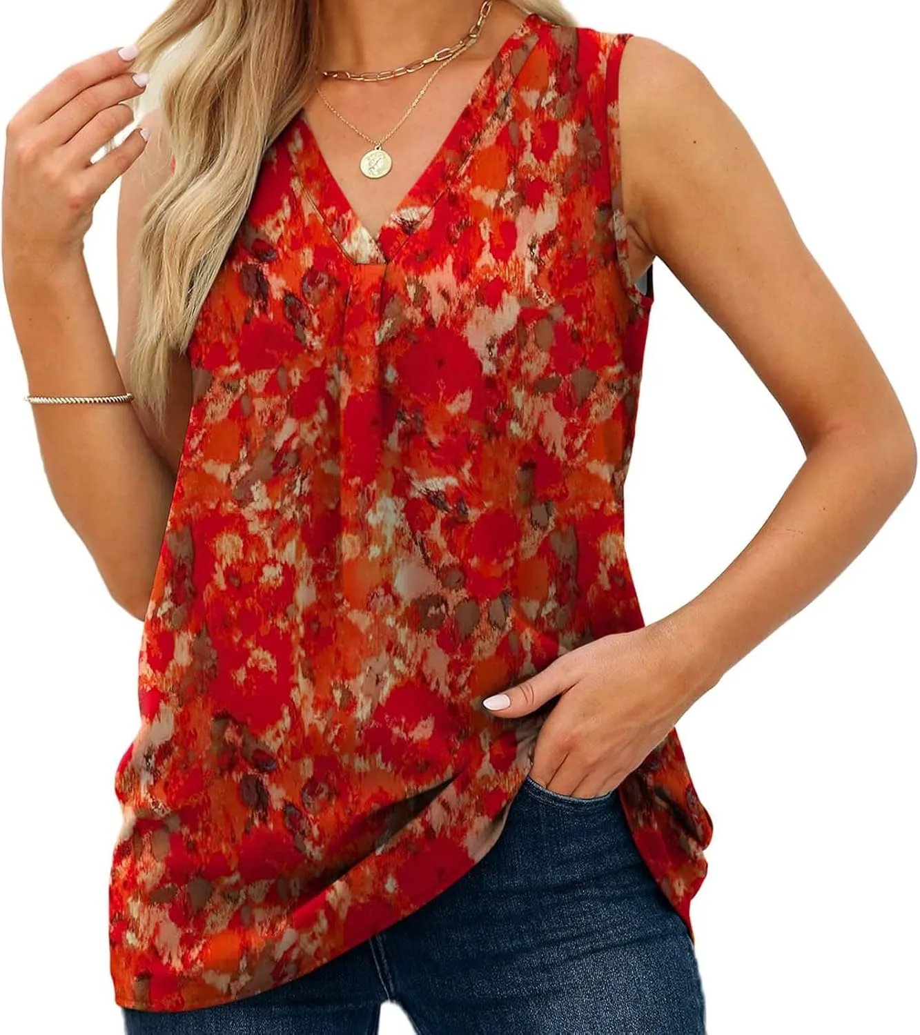 GOKKILRW Womens Tank Tops Casual Boho V Neck Loose Fit Flowy T Shirts Sleeveless Floral Print Vacation Beach Tunic Tops 2024
