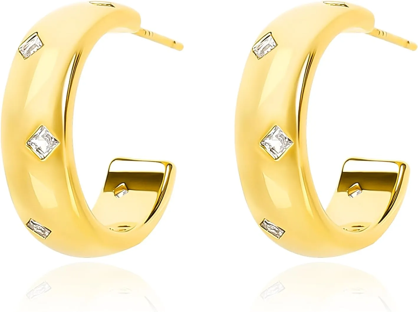 Gold Chunky Hoop Stud Earring for Women, Cubic Zirconia Diamond Shape Half Hoop Earrings Post Simple Open Huggie Stud Earrings Half Wide Hoop Statement C Shaped Open Earrings for Her