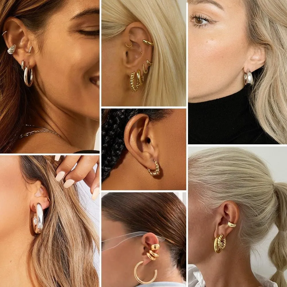 Gold Hoops Earrings for Women - 925 Sterling Silver Post, 14K Gold Plated Small Chunky Hypoallergenic Hoop Earrings, Thick Lightweight Huggie Earrings Jewelry