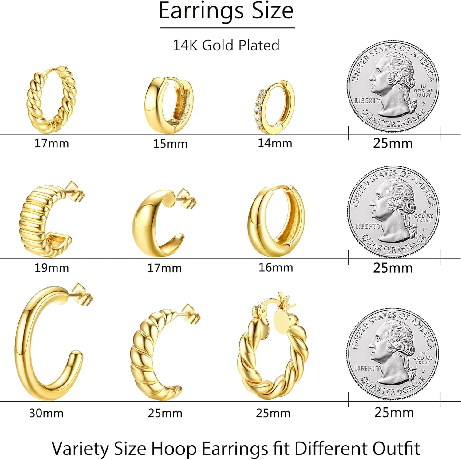 Gold Hoops Earrings for Women - 925 Sterling Silver Post, 14K Gold Plated Small Chunky Hypoallergenic Hoop Earrings, Thick Lightweight Huggie Earrings Jewelry