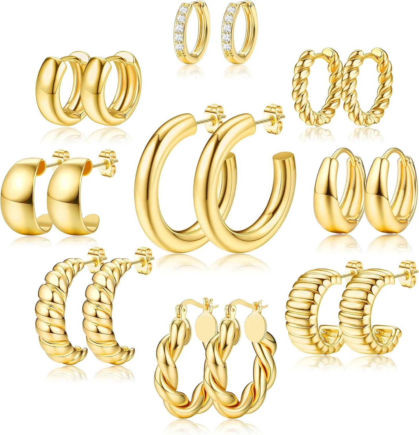 Gold Hoops Earrings for Women - 925 Sterling Silver Post, 14K Gold Plated Small Chunky Hypoallergenic Hoop Earrings, Thick Lightweight Huggie Earrings Jewelry