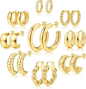 Gold Hoops Earrings for Women - 925 Sterling Silver Post, 14K Gold Plated Small Chunky Hypoallergenic Hoop Earrings, Thick Lightweight Huggie Earrings Jewelry