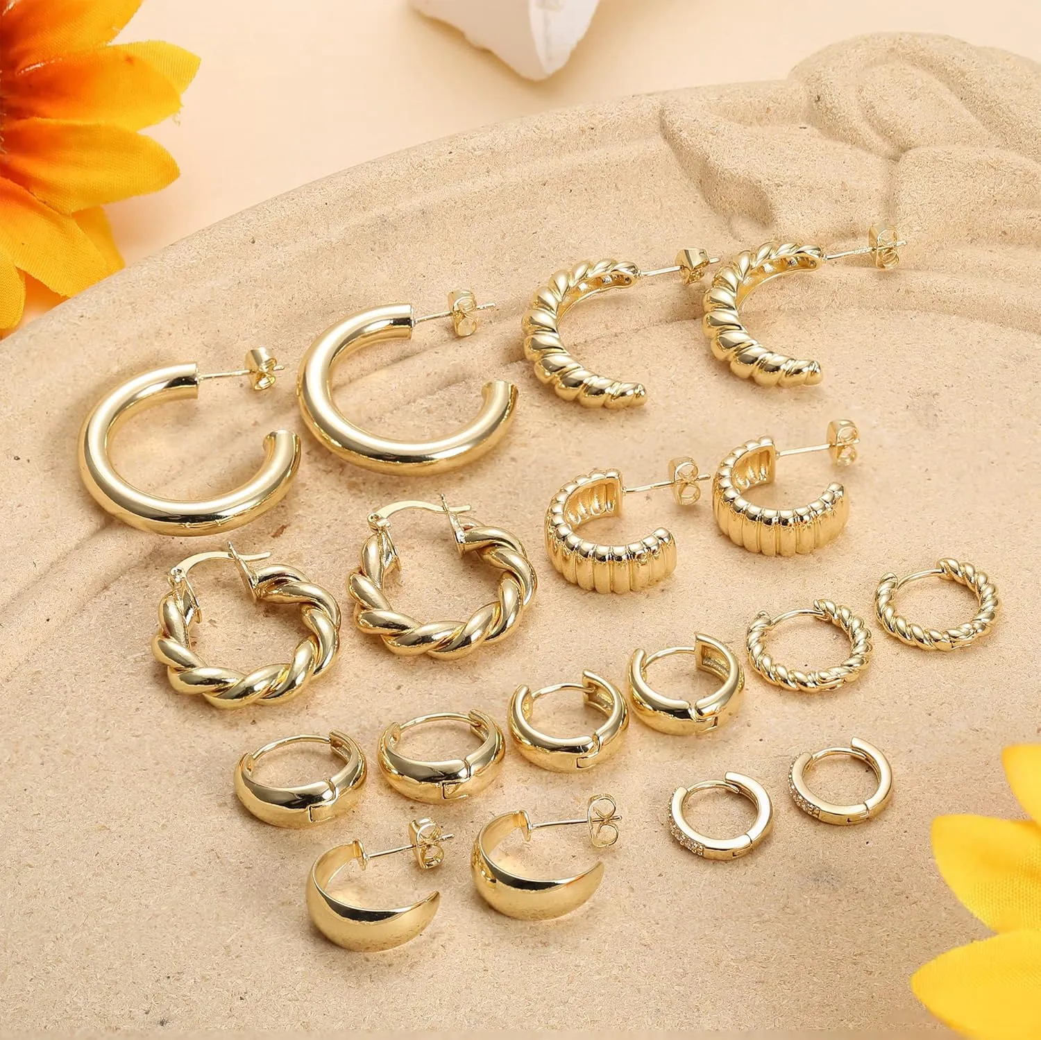 Gold Hoops Earrings for Women - 925 Sterling Silver Post, 14K Gold Plated Small Chunky Hypoallergenic Hoop Earrings, Thick Lightweight Huggie Earrings Jewelry