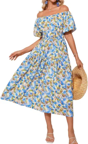 GRACE KARIN Womens 2025 Summer Dress Off Shoulder Floral Dress Puff Sleeve Smocked Boho Beach Midi Dress with Pockets