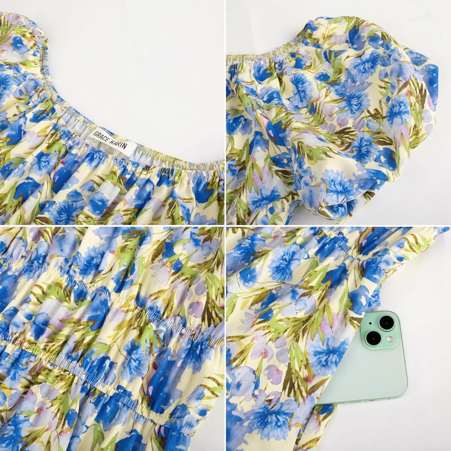 GRACE KARIN Womens 2025 Summer Dress Off Shoulder Floral Dress Puff Sleeve Smocked Boho Beach Midi Dress with Pockets