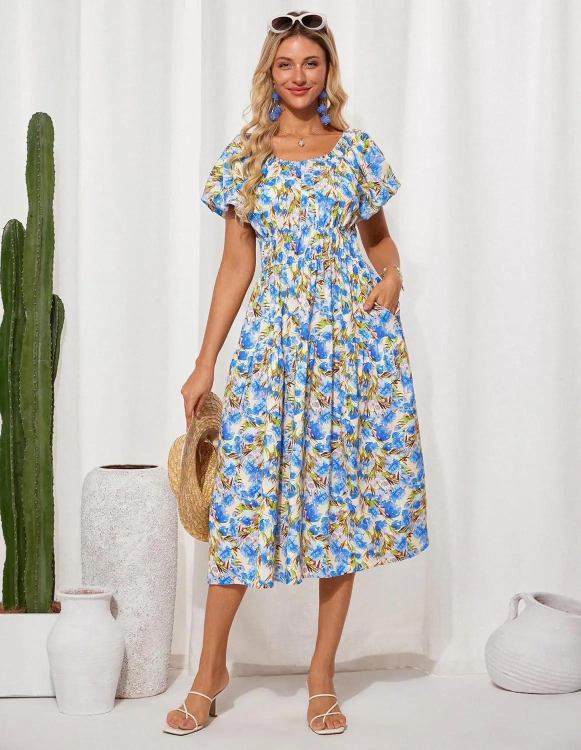 GRACE KARIN Womens 2025 Summer Dress Off Shoulder Floral Dress Puff Sleeve Smocked Boho Beach Midi Dress with Pockets
