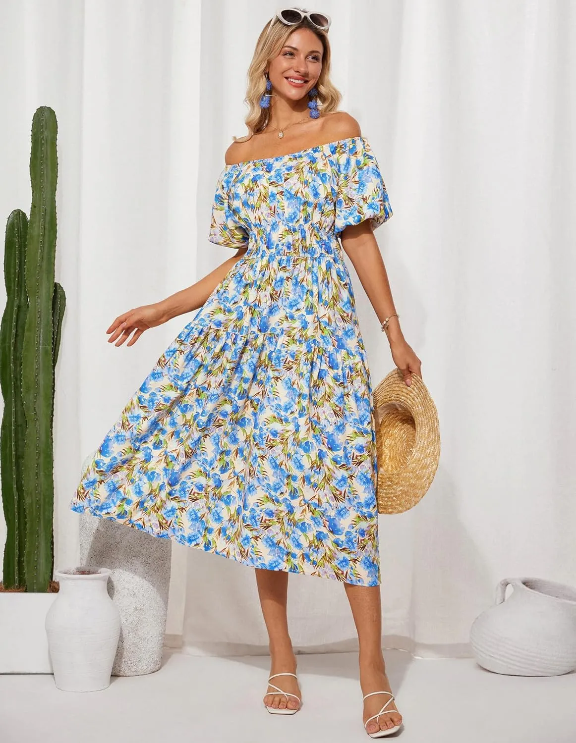 GRACE KARIN Womens 2025 Summer Dress Off Shoulder Floral Dress Puff Sleeve Smocked Boho Beach Midi Dress with Pockets