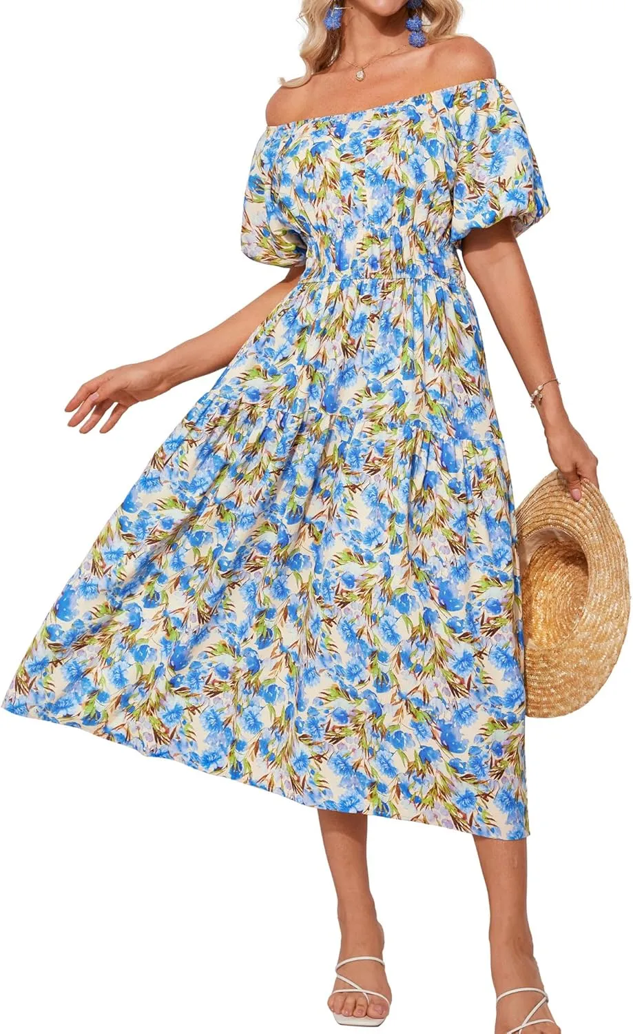 GRACE KARIN Womens 2025 Summer Dress Off Shoulder Floral Dress Puff Sleeve Smocked Boho Beach Midi Dress with Pockets