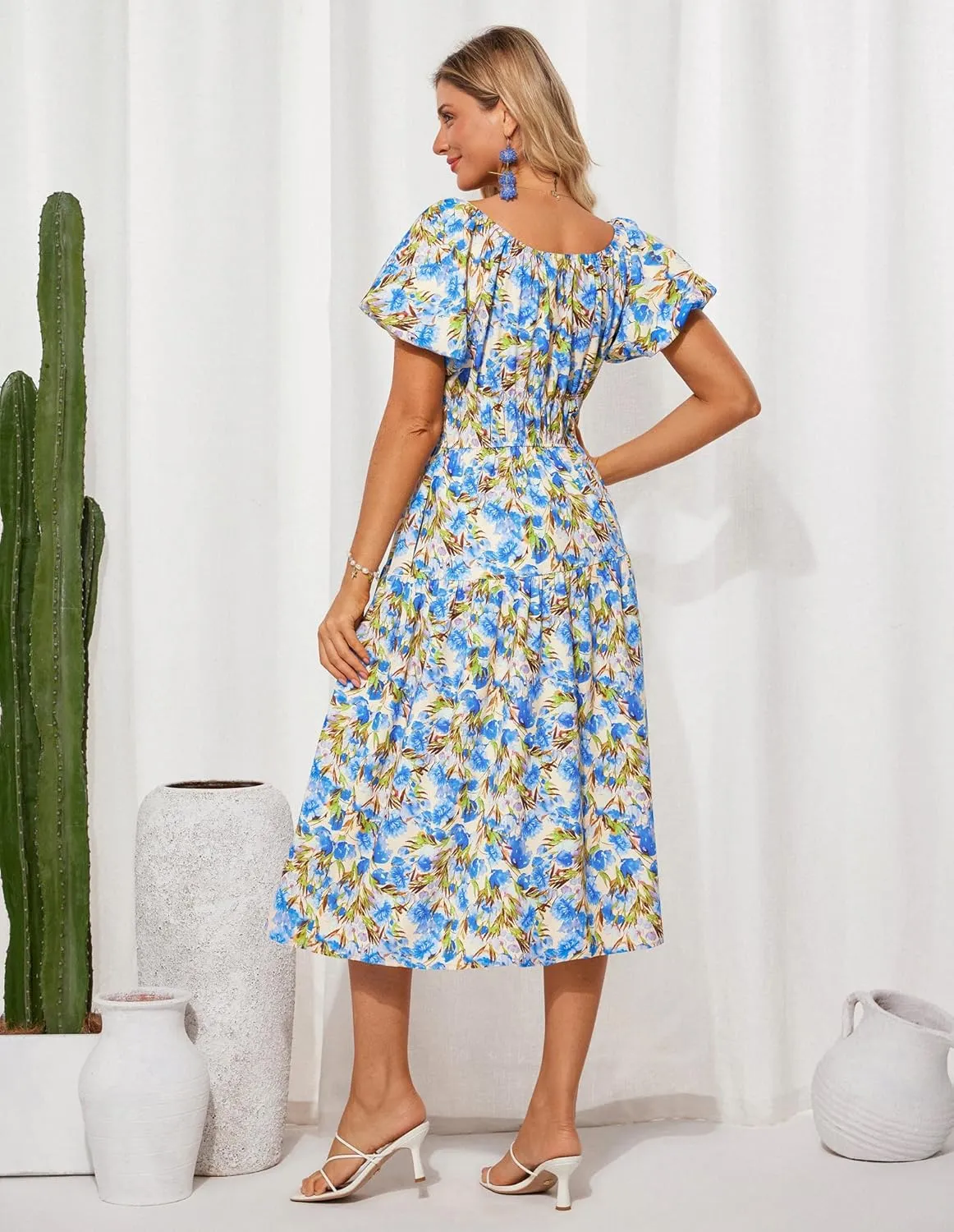 GRACE KARIN Womens 2025 Summer Dress Off Shoulder Floral Dress Puff Sleeve Smocked Boho Beach Midi Dress with Pockets
