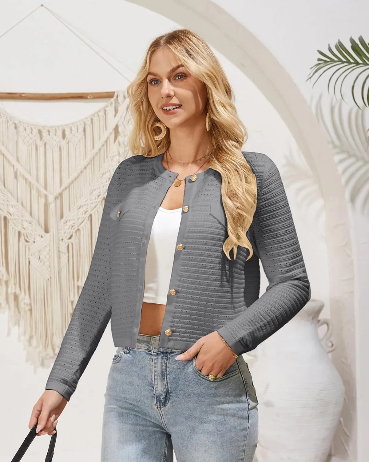 GRACE KARIN Women's Knit Cardigan Sweaters Long Sleeve Open Front Button Down Trendy Jackets Lightweight Summer Outfits
