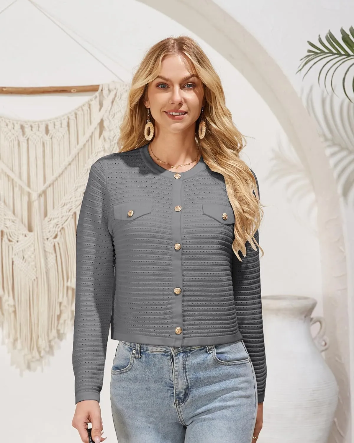 GRACE KARIN Women's Knit Cardigan Sweaters Long Sleeve Open Front Button Down Trendy Jackets Lightweight Summer Outfits