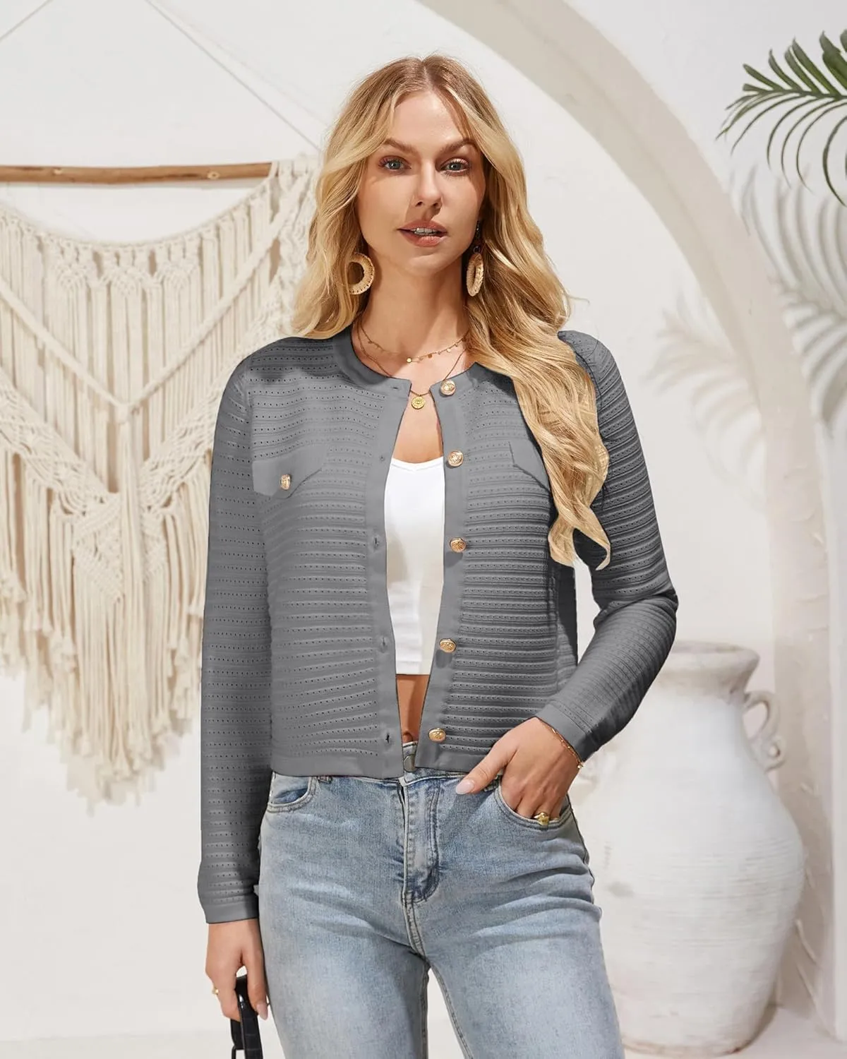 GRACE KARIN Women's Knit Cardigan Sweaters Long Sleeve Open Front Button Down Trendy Jackets Lightweight Summer Outfits