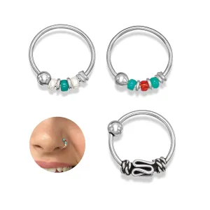 Handmade Silver 3Pcs Teany Tiny 8MM Nose Ring Cartilage Helix Piercing Hoops, 925 Sterling Silver, Thin 22Gauge, Triplet of Unique Original Beaded Hoops & Spiral Bali Hoop, by MiYa Jewelry Creations