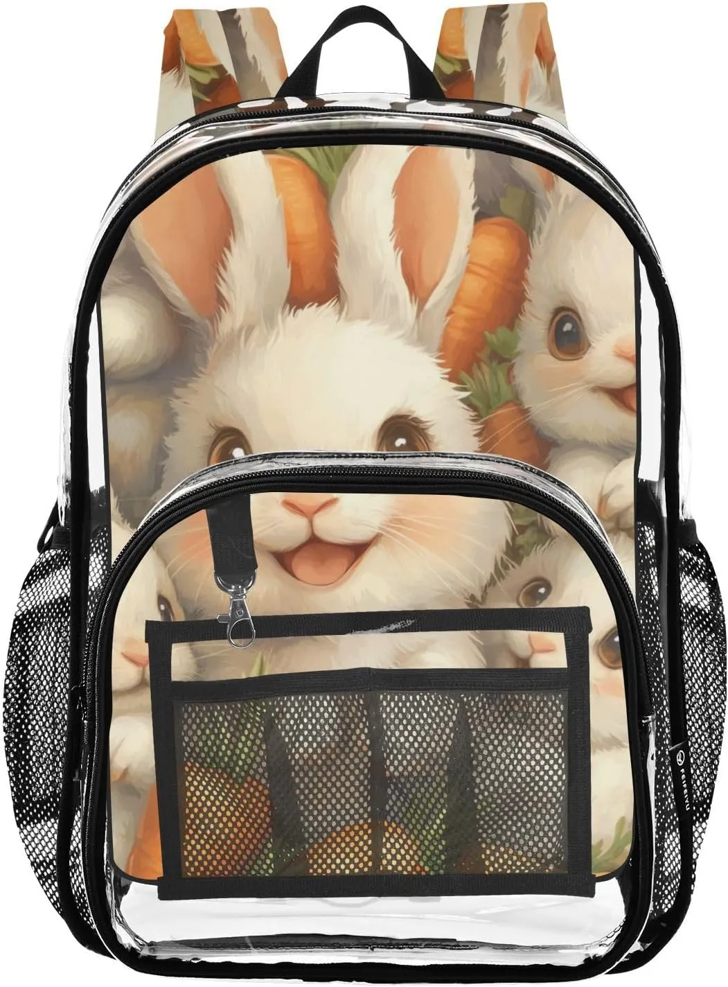Happy Rabbits and Carrots Clear Backpack with Back Print, Heavy Duty See Through Backpacks PVC Transparent Daypack for Travel Security