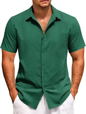 Hawaiian Shirt Men Casual Short Sleeve Button Down Beach Summer Wedding Shirt Casual Cotton Linen Solid Color Tee