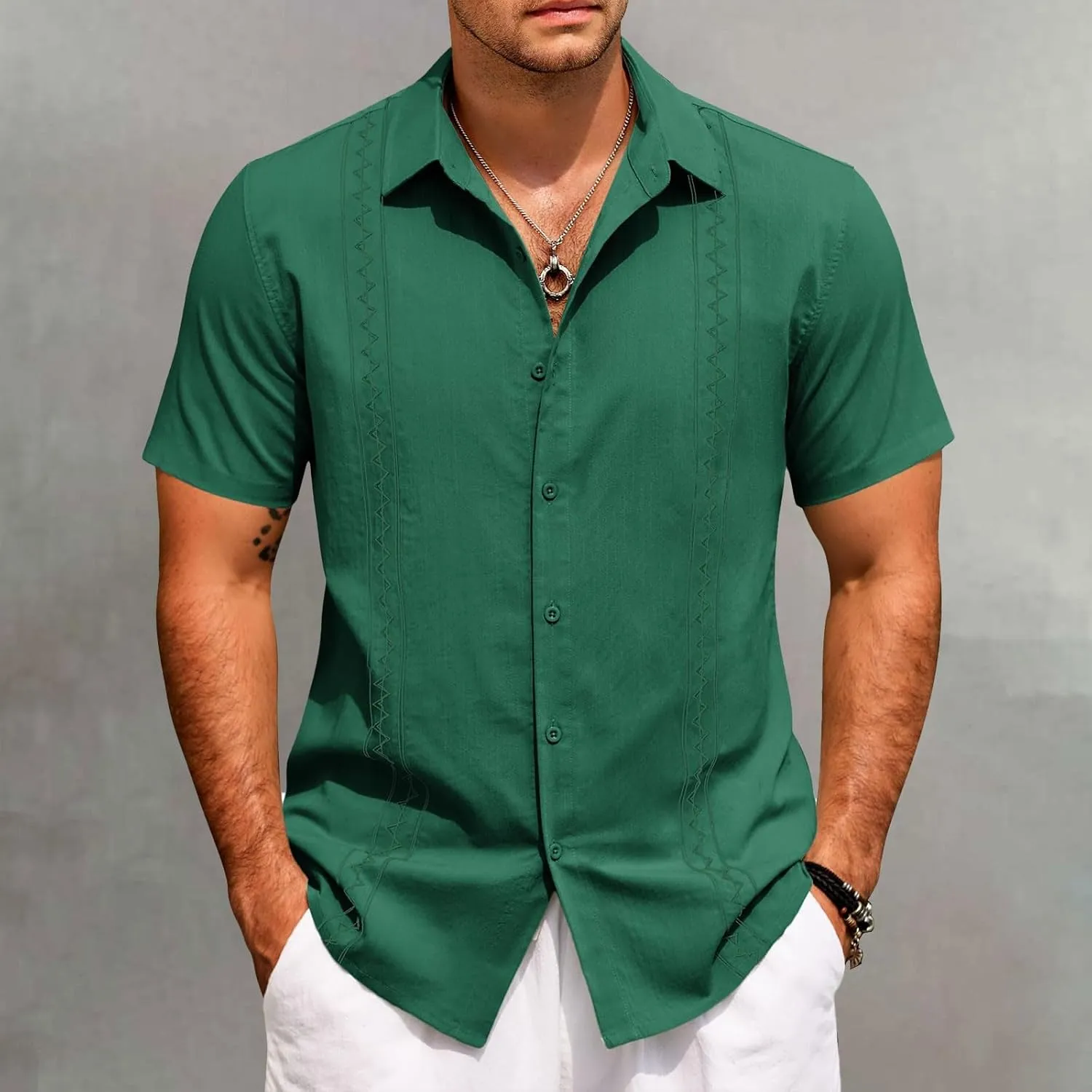 Hawaiian Shirt Men Casual Short Sleeve Button Down Beach Summer Wedding Shirt Casual Cotton Linen Solid Color Tee