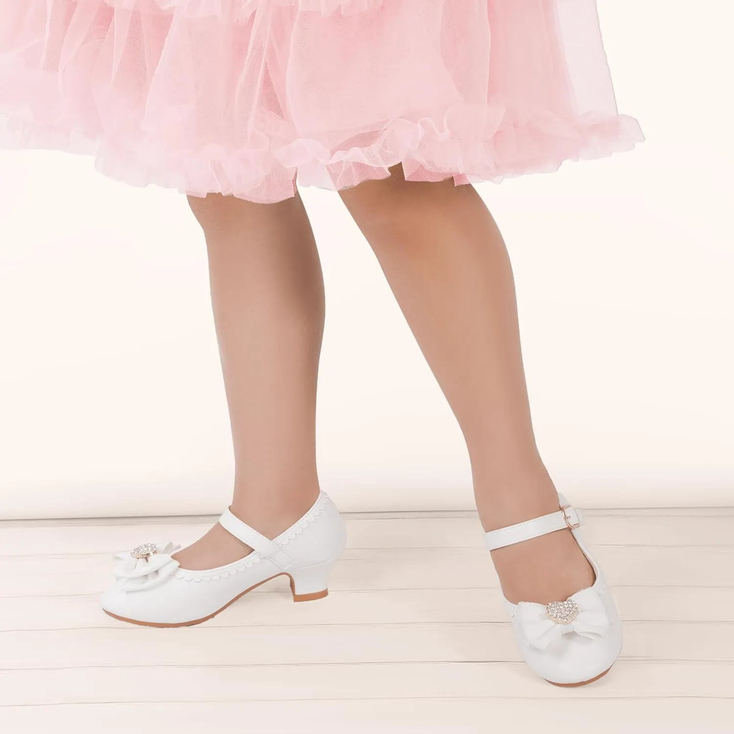 Hehainom Girls Dress Shoes Low Heels Mary Jane Flower Girl Wedding Party Communion Toddler Kids Heels