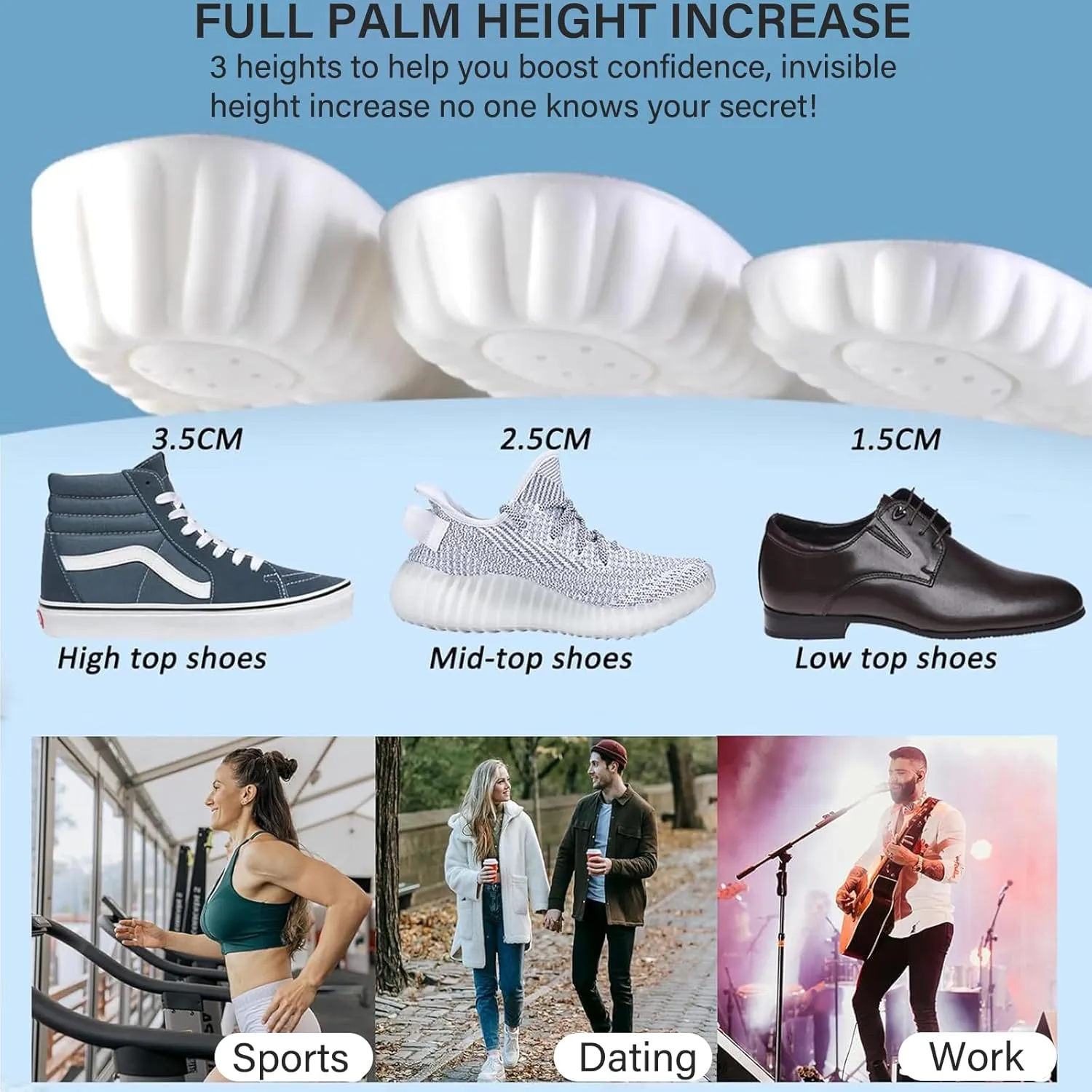 Height Increase Memory Foam Insoles for Men & Women - Taller Heel Lift Shoe Inserts with Breathable Cushioned Comfort for Sports Shoes, Work Boots | Trim to Fit (Black 2.5cm, 6-8.5 US Women)
