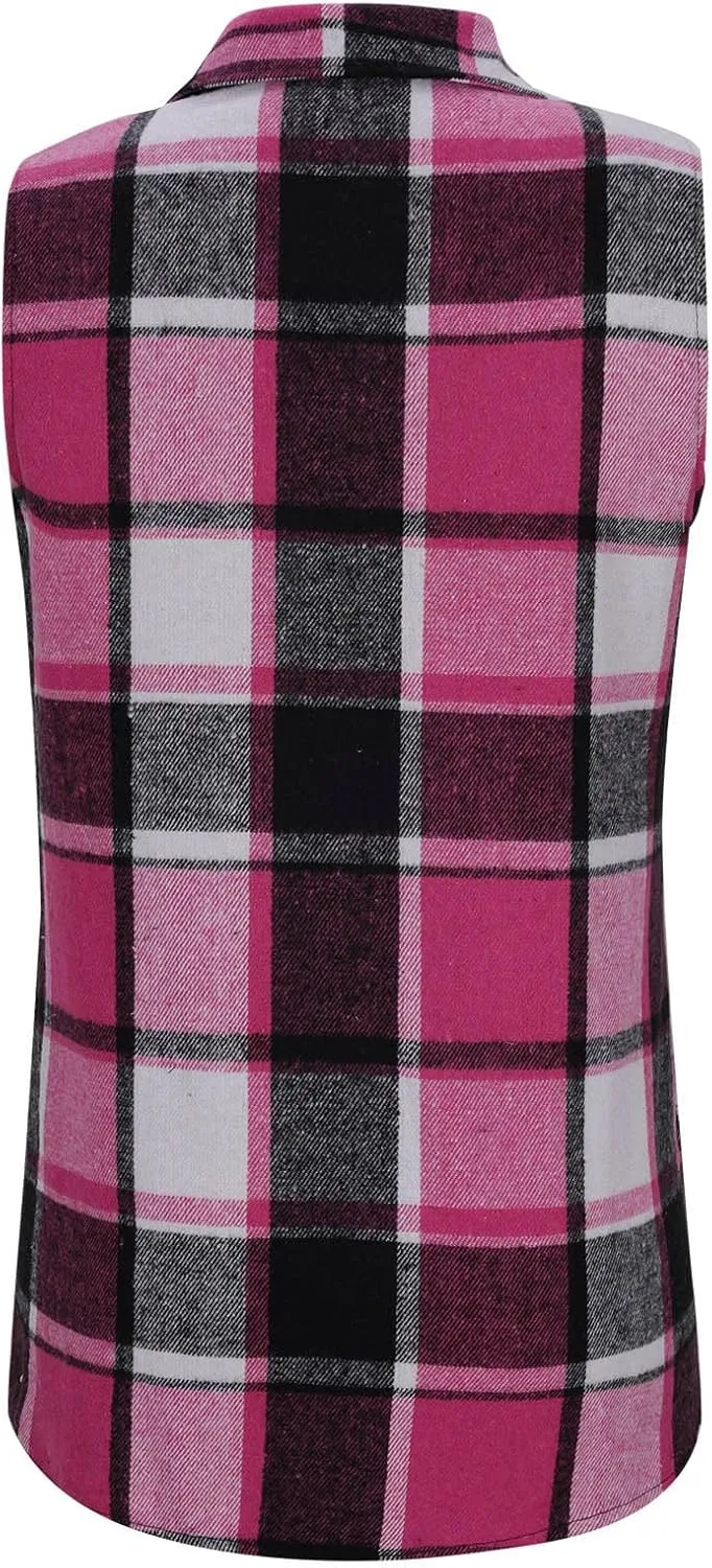HGps8w Women's Flannel Plaid Outerwear Vest Plus Size Casual Lapel Button Down Tartan Trench Coat Mid-Long Sleeveless Shirts