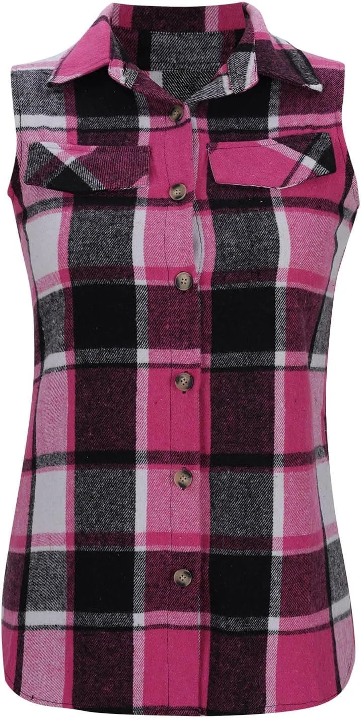 HGps8w Women's Flannel Plaid Outerwear Vest Plus Size Casual Lapel Button Down Tartan Trench Coat Mid-Long Sleeveless Shirts