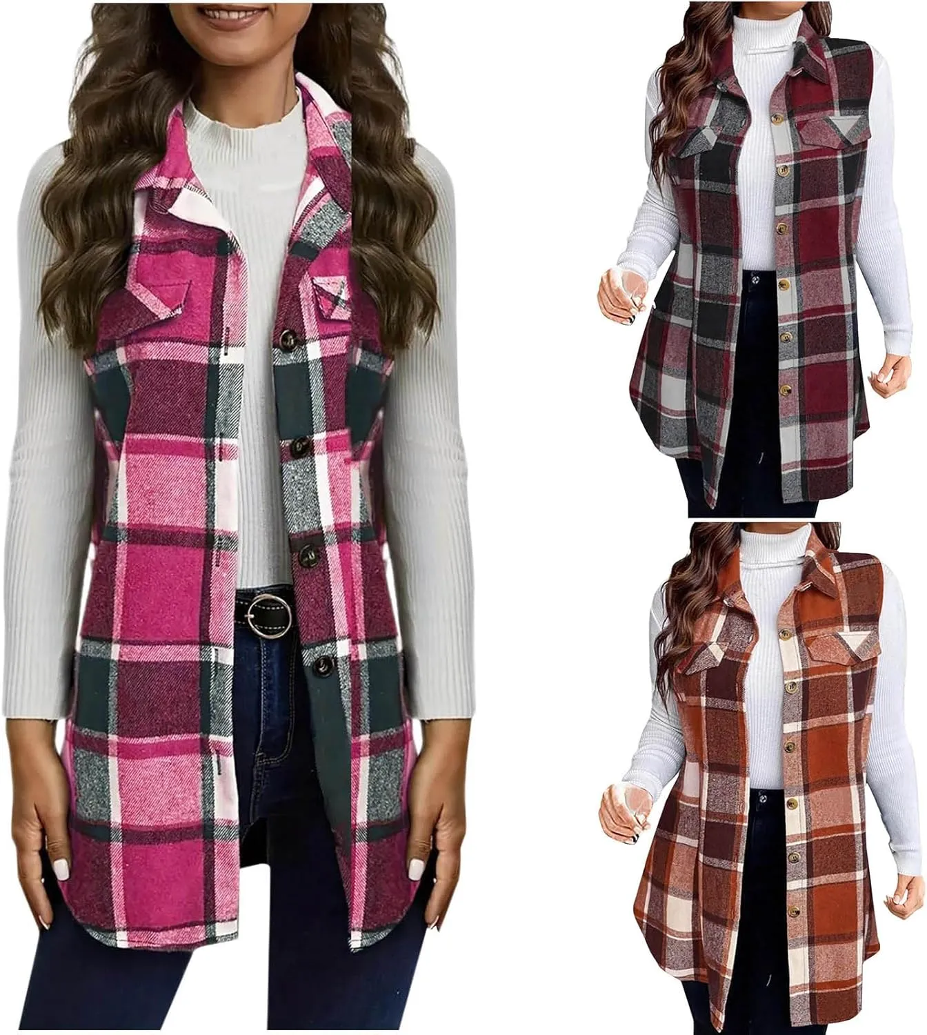 HGps8w Women's Flannel Plaid Outerwear Vest Plus Size Casual Lapel Button Down Tartan Trench Coat Mid-Long Sleeveless Shirts