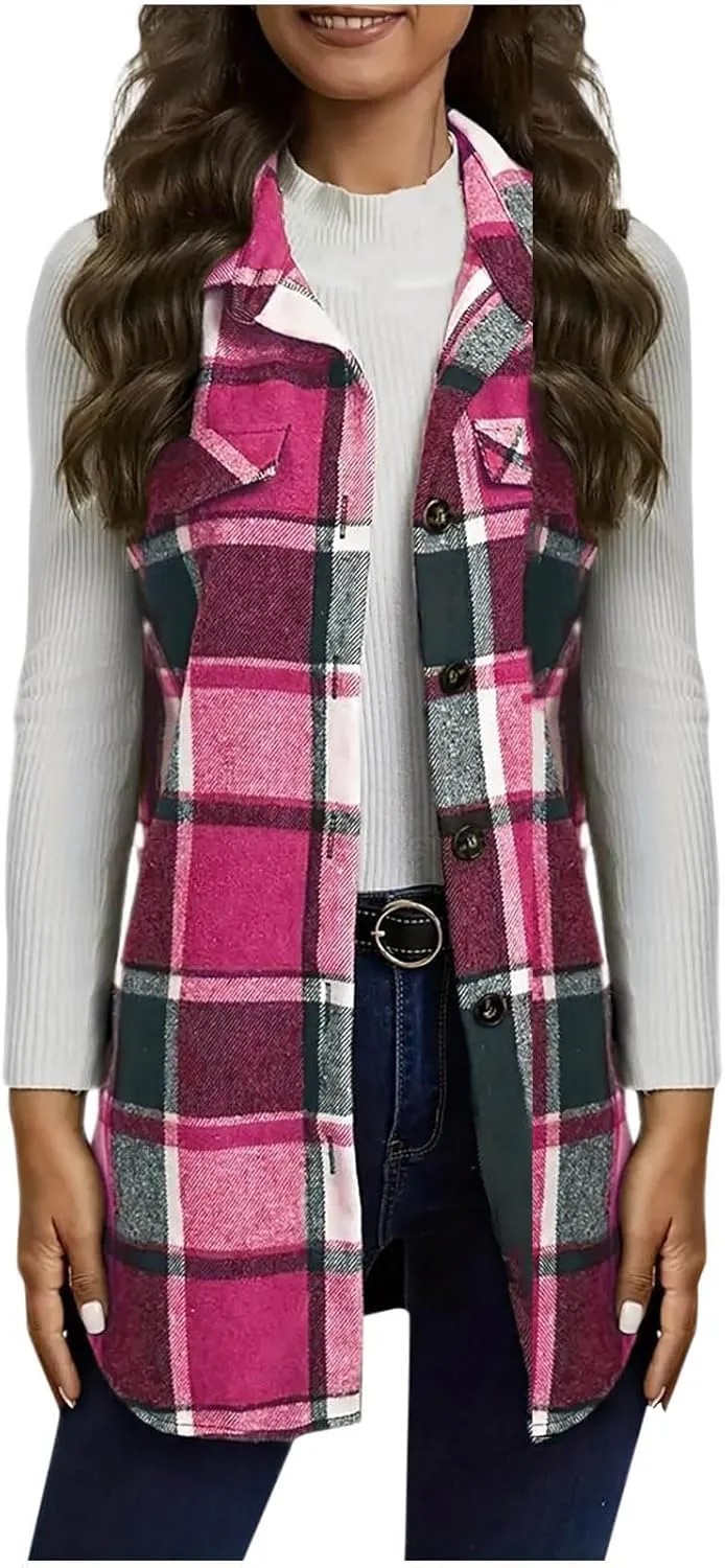 HGps8w Women's Flannel Plaid Outerwear Vest Plus Size Casual Lapel Button Down Tartan Trench Coat Mid-Long Sleeveless Shirts