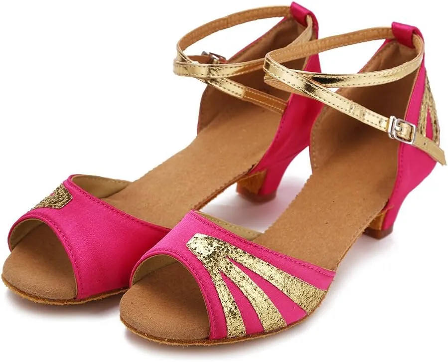 HIPPOSEUS Girls' and Women's Latin Dance Shoes Satin Low Heel Ballroom Salsa Dancing Shoes,Model WZJ