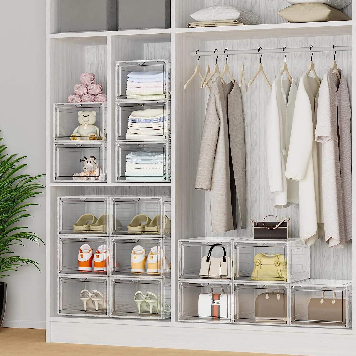HOMIDEC 6 pcs Shoe Box, Shoe Storage Boxes Clear Plastic Stackable, Shoe Organizer Containers with Lids for Women/Men 34.5 x 27 x 19 cm, Transparent