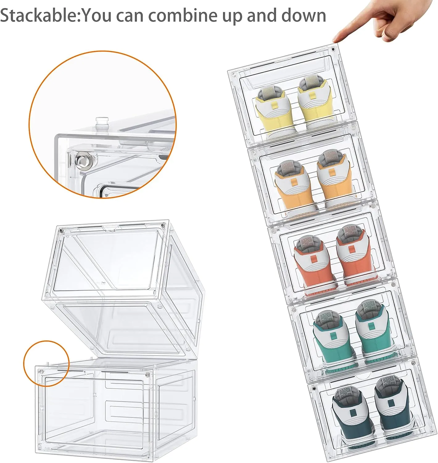 HOMIDEC 6 pcs Shoe Box, Shoe Storage Boxes Clear Plastic Stackable, Shoe Organizer Containers with Lids for Women/Men 34.5 x 27 x 19 cm, Transparent