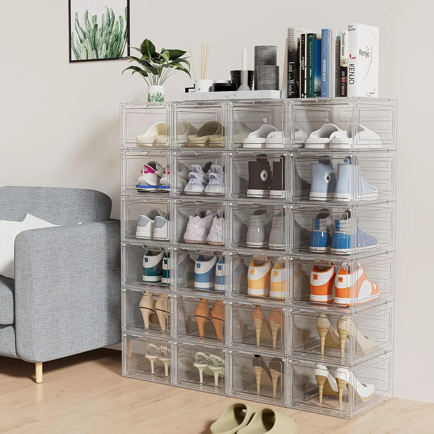 HOMIDEC 6 pcs Shoe Box, Shoe Storage Boxes Clear Plastic Stackable, Shoe Organizer Containers with Lids for Women/Men 34.5 x 27 x 19 cm, Transparent
