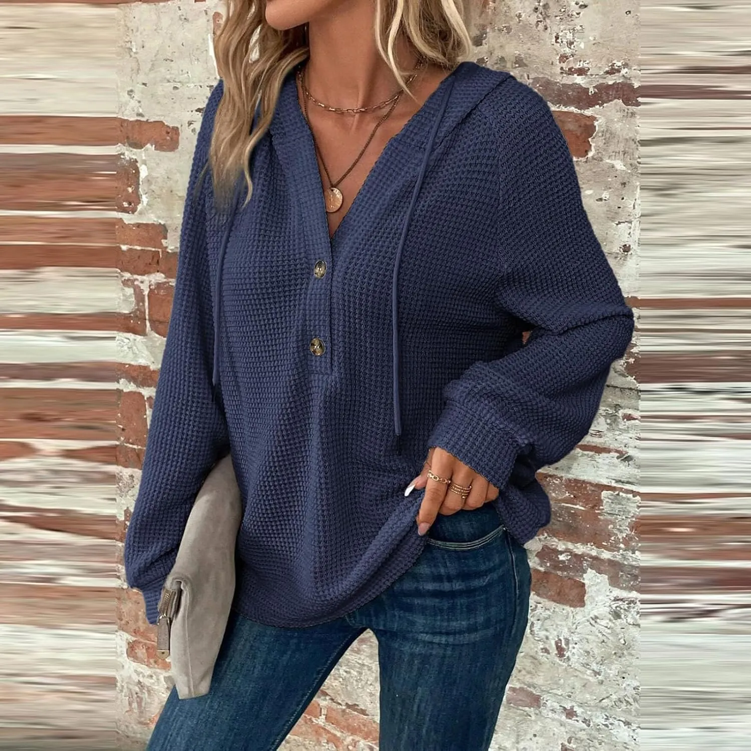Hoodies for Women Fall Fashion 2024 Waffle Knit Tops Button V Neck Casual Hooded Pullover Oversized Sweatshirt