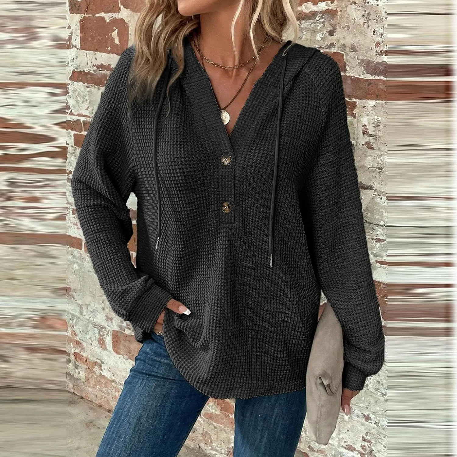 Hoodies for Women Fall Fashion 2024 Waffle Knit Tops Button V Neck Casual Hooded Pullover Oversized Sweatshirt