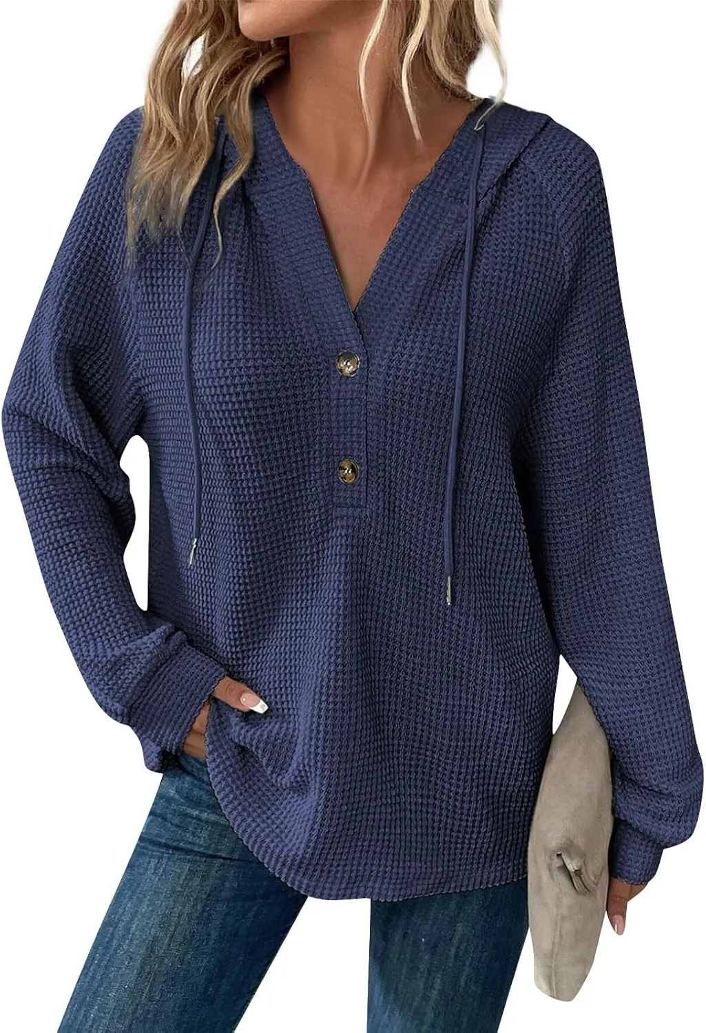 Hoodies for Women Fall Fashion 2024 Waffle Knit Tops Button V Neck Casual Hooded Pullover Oversized Sweatshirt