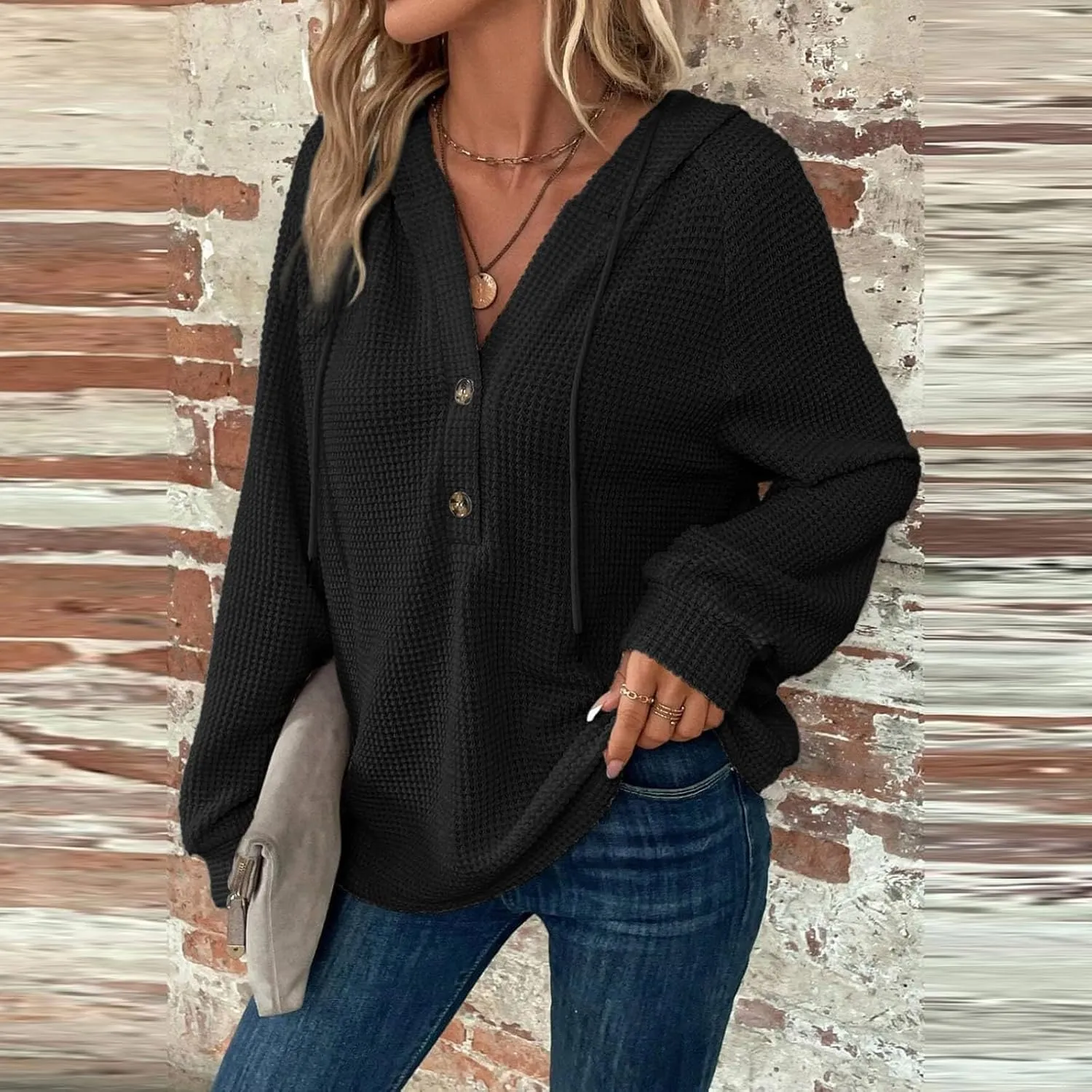 Hoodies for Women Fall Fashion 2024 Waffle Knit Tops Button V Neck Casual Hooded Pullover Oversized Sweatshirt