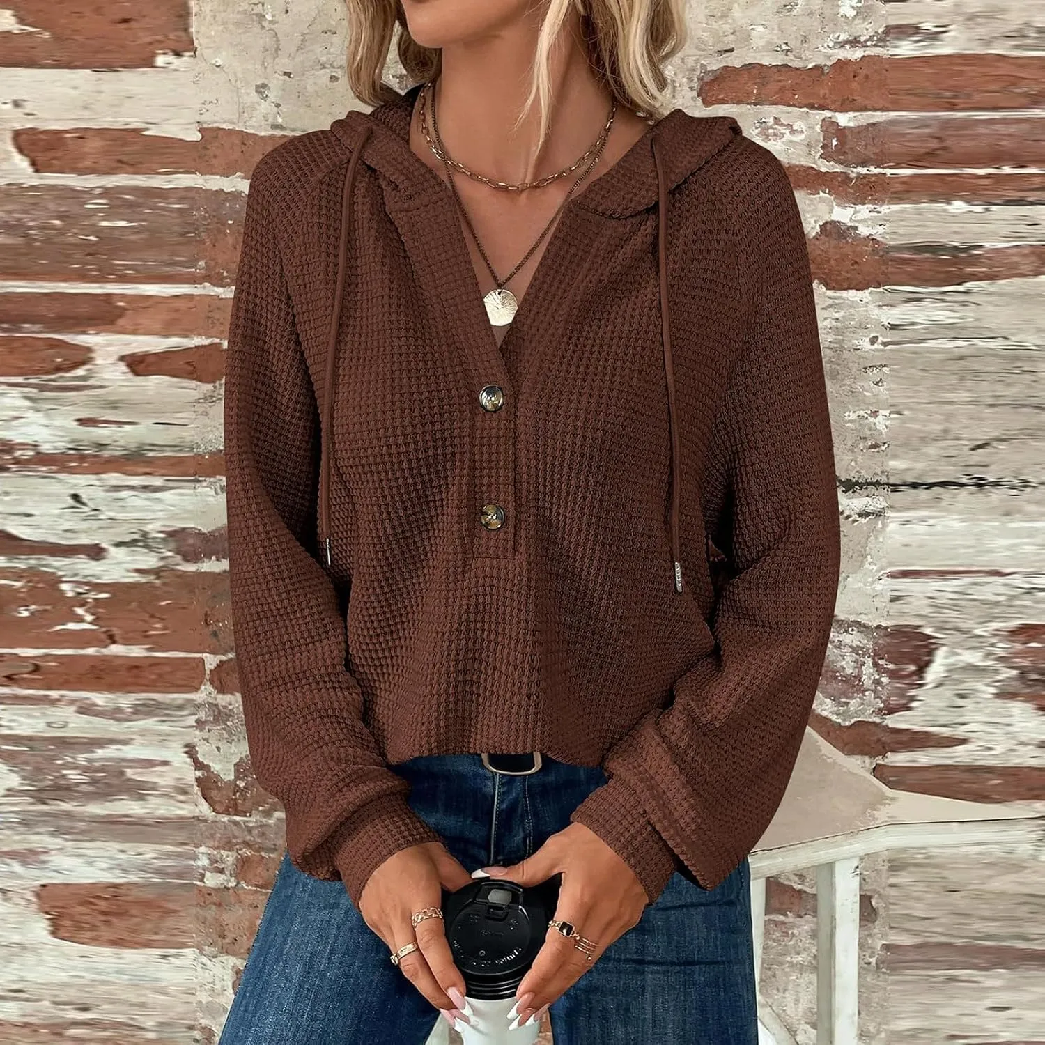 Hoodies for Women Fall Fashion 2024 Waffle Knit Tops Button V Neck Casual Hooded Pullover Oversized Sweatshirt