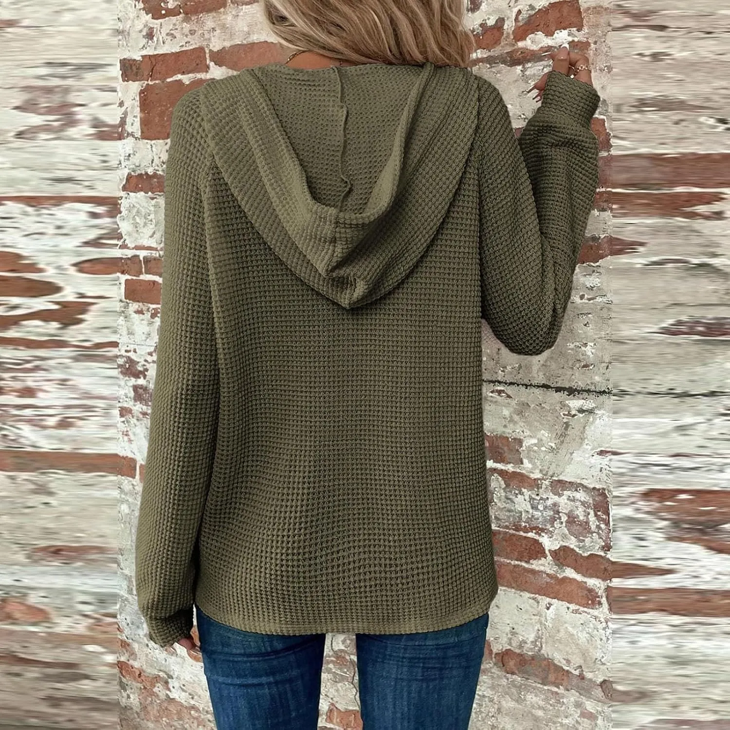Hoodies for Women Fall Fashion 2024 Waffle Knit Tops Button V Neck Casual Hooded Pullover Oversized Sweatshirt