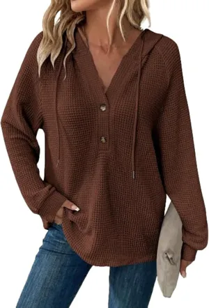 Hoodies for Women Fall Fashion 2024 Waffle Knit Tops Button V Neck Casual Hooded Pullover Oversized Sweatshirt