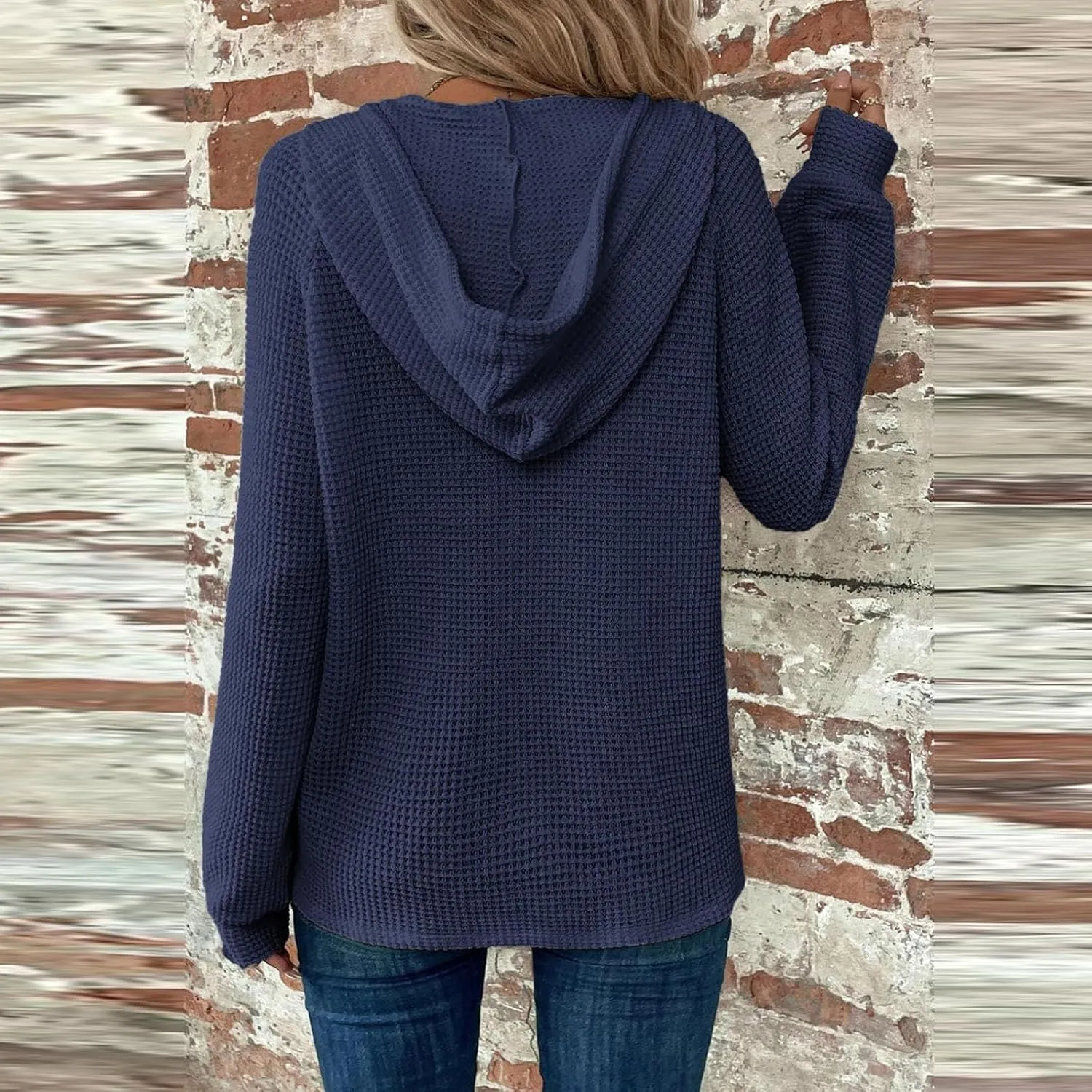 Hoodies for Women Fall Fashion 2024 Waffle Knit Tops Button V Neck Casual Hooded Pullover Oversized Sweatshirt