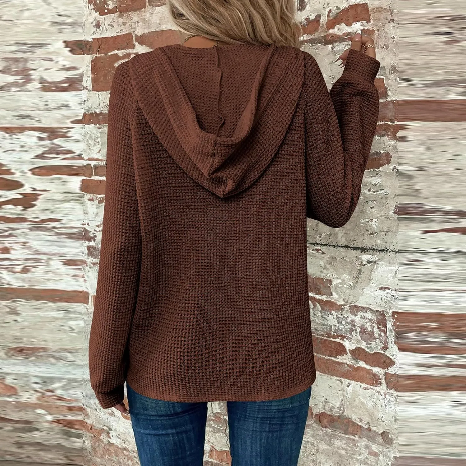 Hoodies for Women Fall Fashion 2024 Waffle Knit Tops Button V Neck Casual Hooded Pullover Oversized Sweatshirt