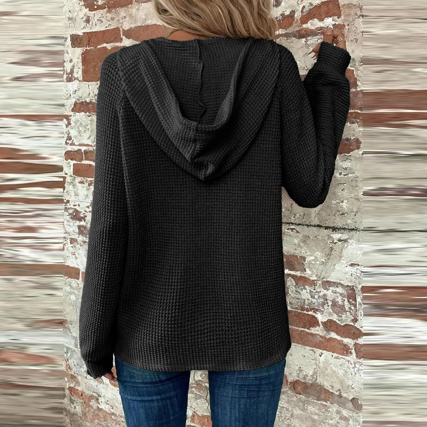 Hoodies for Women Fall Fashion 2024 Waffle Knit Tops Button V Neck Casual Hooded Pullover Oversized Sweatshirt