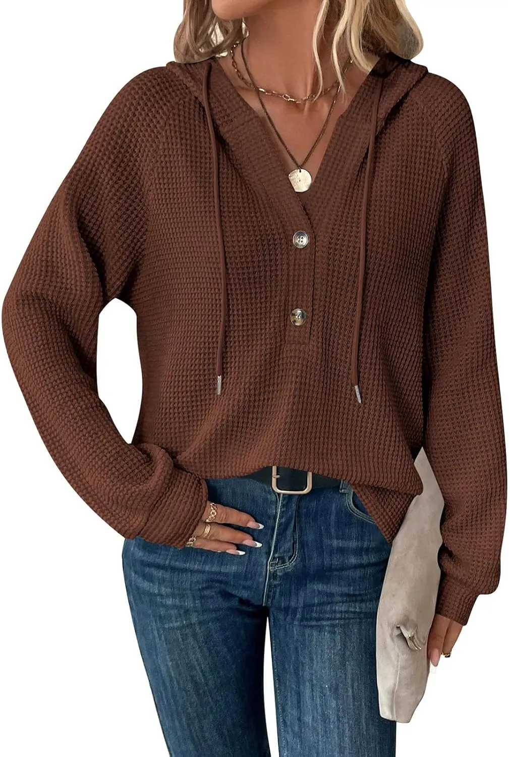 Hoodies for Women Fall Fashion 2024 Waffle Knit Tops Button V Neck Casual Hooded Pullover Oversized Sweatshirt