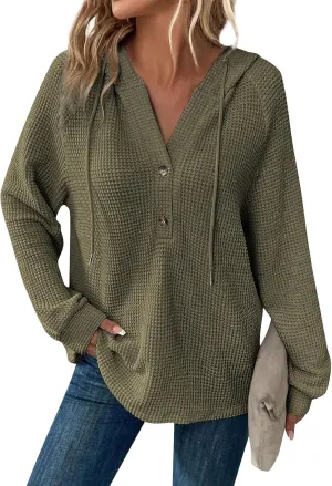 Hoodies for Women Fall Fashion 2024 Waffle Knit Tops Button V Neck Casual Hooded Pullover Oversized Sweatshirt